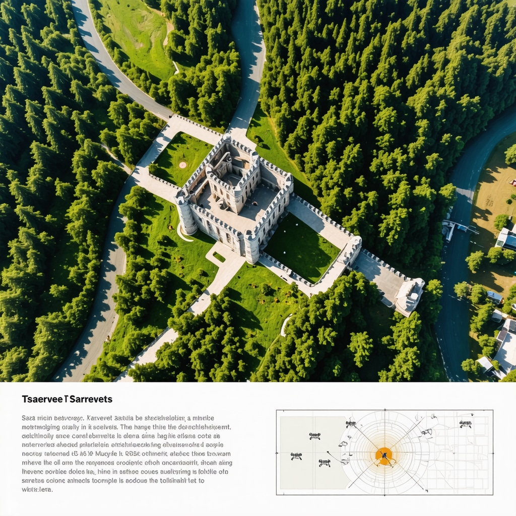 Aerial image of Tsarevets Castle with drones and GIS mapping overlays demonstrating technology use in Veliko Tarnovo conservation