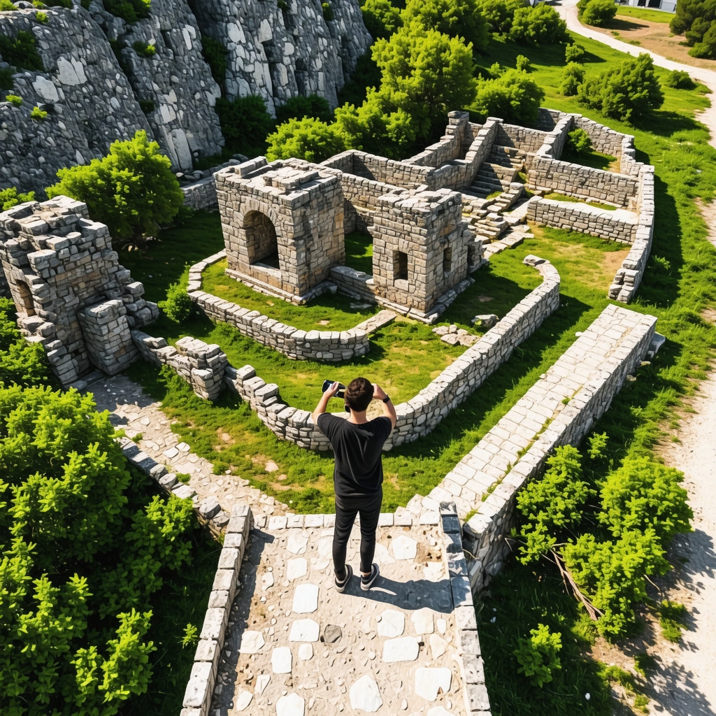 Drone capturing aerial photo of Apollonia ancient ruins and surrounding nature trails
