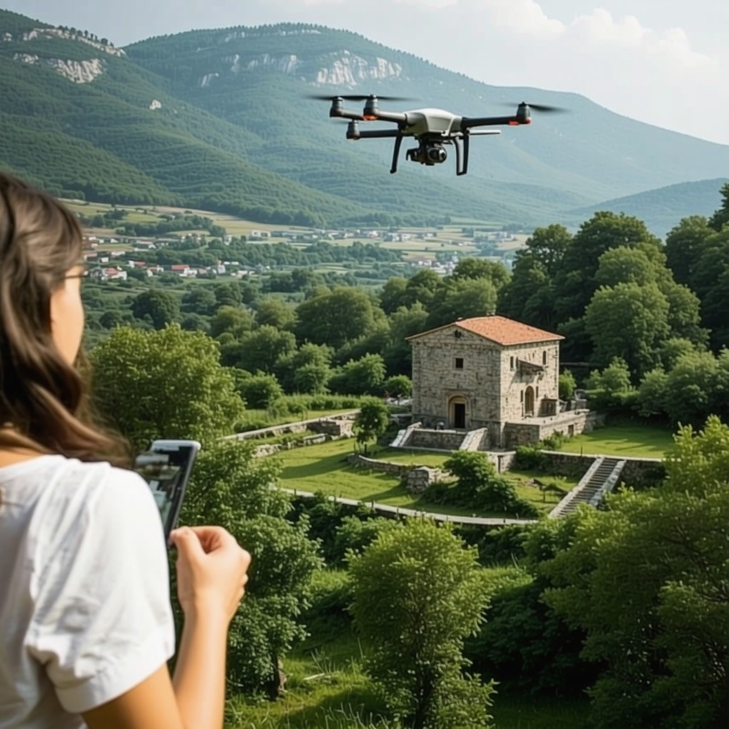 Drone flying over Cetinje showing ecological and historic data overlays with augmented reality