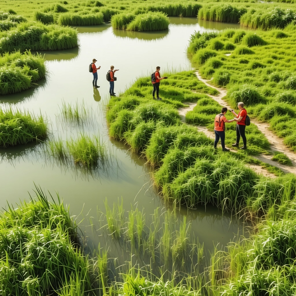 Drone image showcasing Hutovo Blato wetlands with visible monitoring sensors and eco-tourists using mobile applications