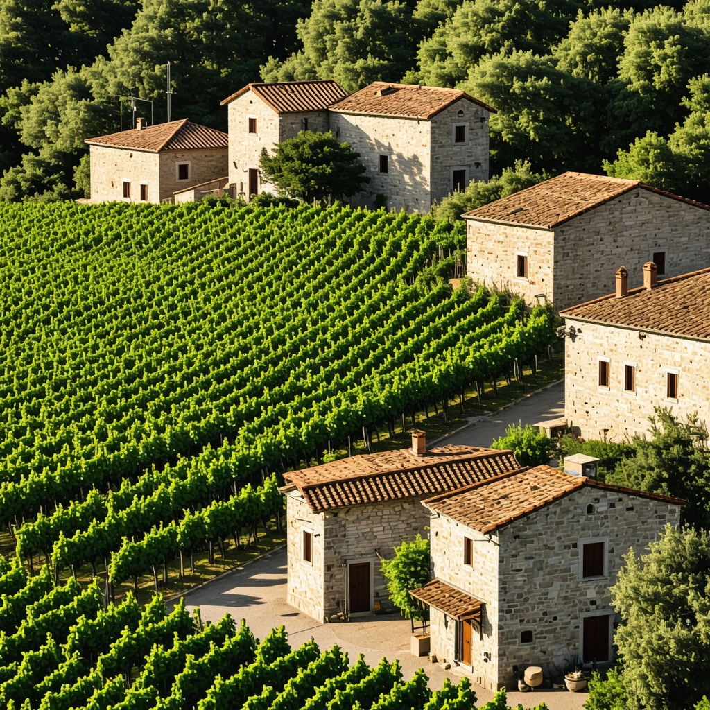 Drone capturing Melnik's historic stone houses and surrounding vineyards for ecological monitoring