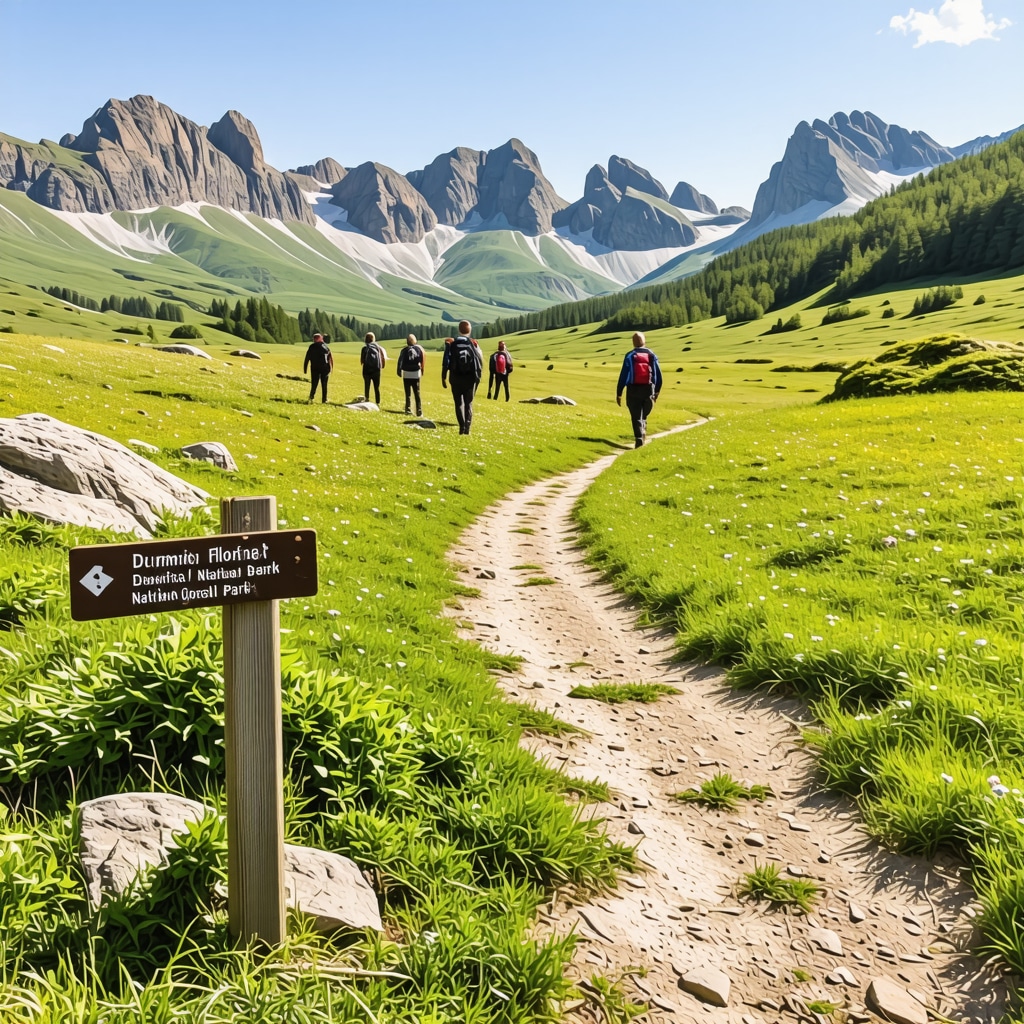 Panoramic landscape of Durmitor National Park showing alpine plants, animals, and eco-tourists with conservation signs