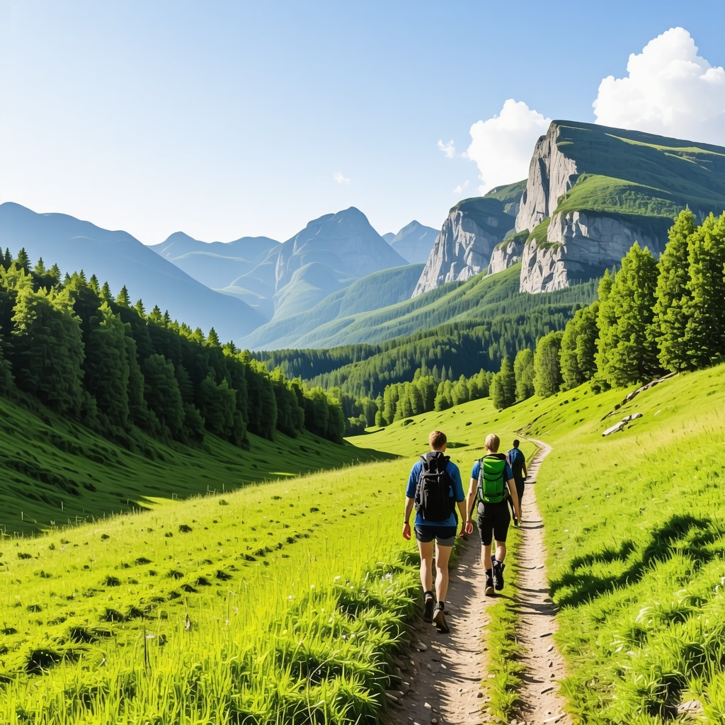 Hikers walking on a sustainable trail in Durmitor National Park surrounded by mountains and forests in Žabljak