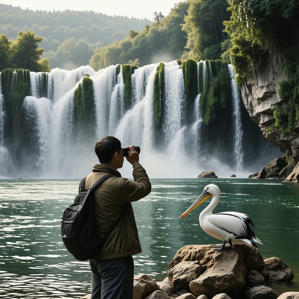 Birdwatcher observing pelican by waterfalls in Krka National Park at sunrise