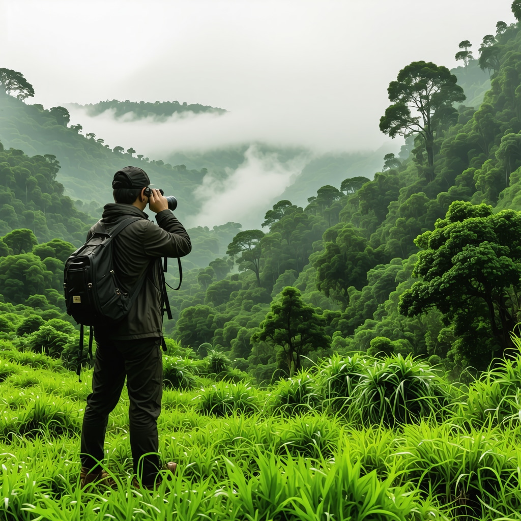 Birdwatcher observing birds in the misty green valleys of Tara National Park at dawn