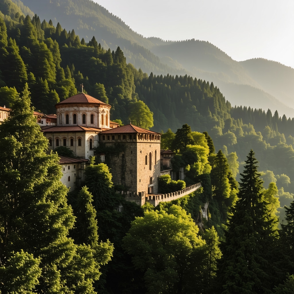 Rila Monastery illuminated by soft morning light with surrounding misty forest and mountains