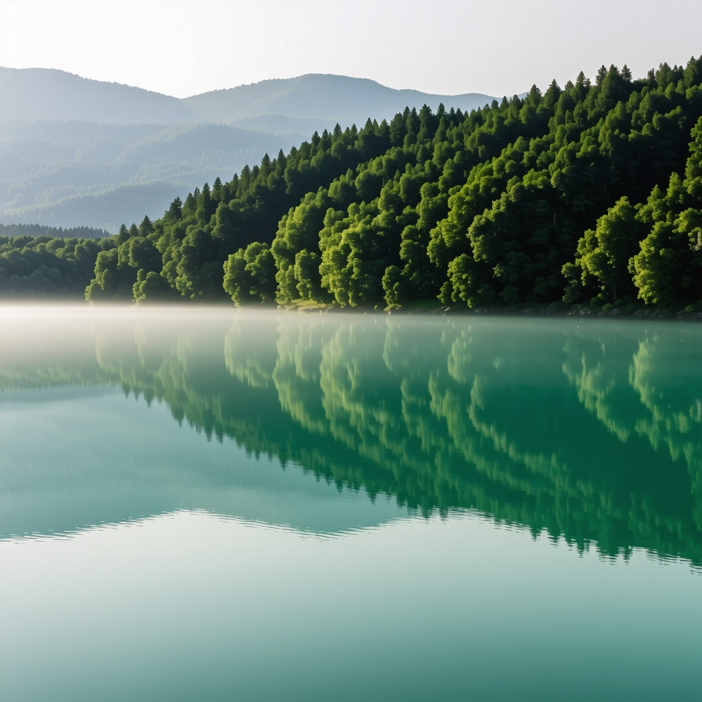 Mist hovering over turquoise Plitvička Lakes with green forest surroundings in early morning