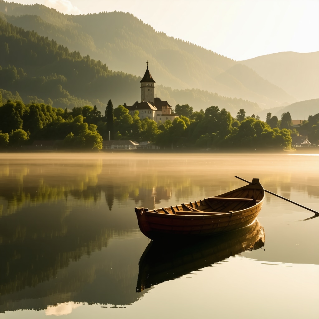 Early morning misty Lake Bled with calm waters, pletna boat, green mountains, and Bled Castle