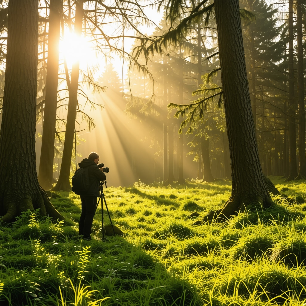 Photographer capturing golden hour light filtering through Sofia forest leaves