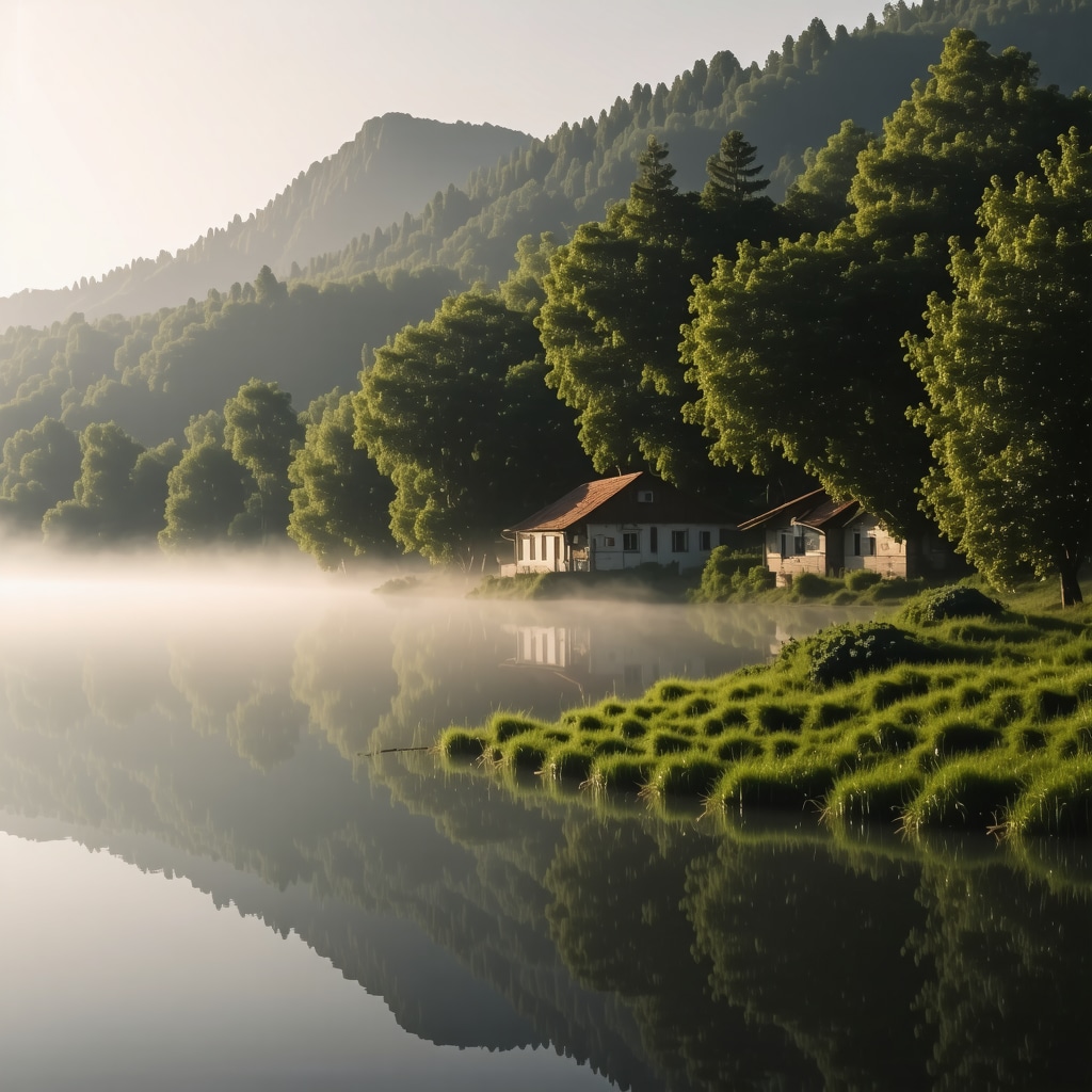 Mist-covered forest and traditional village houses at dawn in Gevgelija