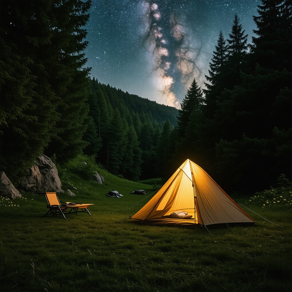 Sustainable camp with eco-friendly gear in Biogradska Ormanı at night
