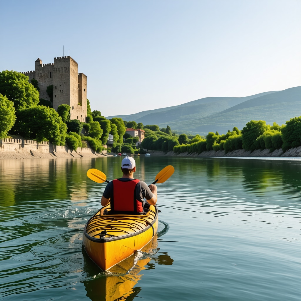 Kayaks on Vrbas River with Kastel Fortress and greenery in Banja Luka