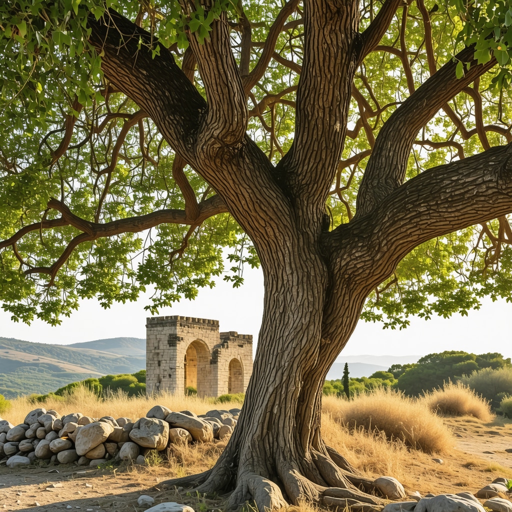 Close-up of Kekik meşesi and Kızılçam plants near Apollonia ruins with sunlight
