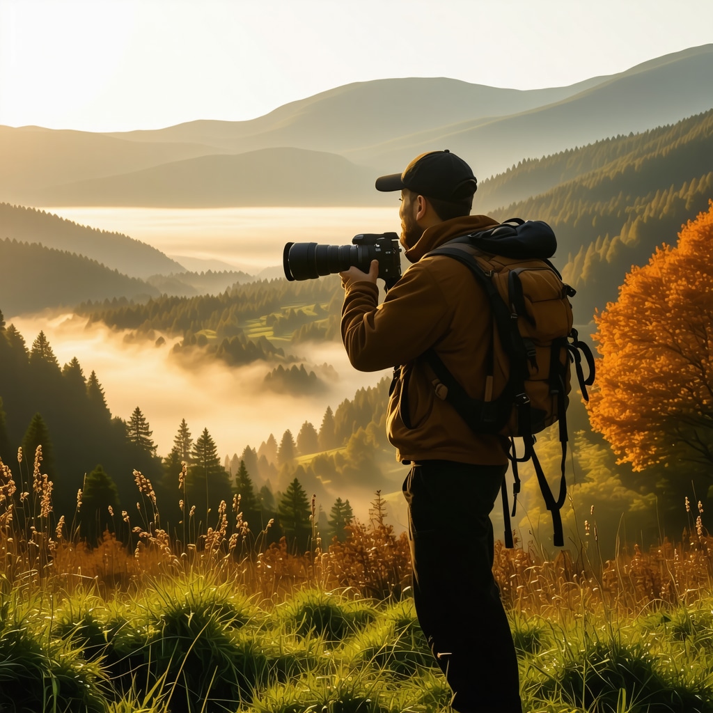 Photographer capturing vibrant autumn landscape with misty mountain slopes in Kruševo during golden hour