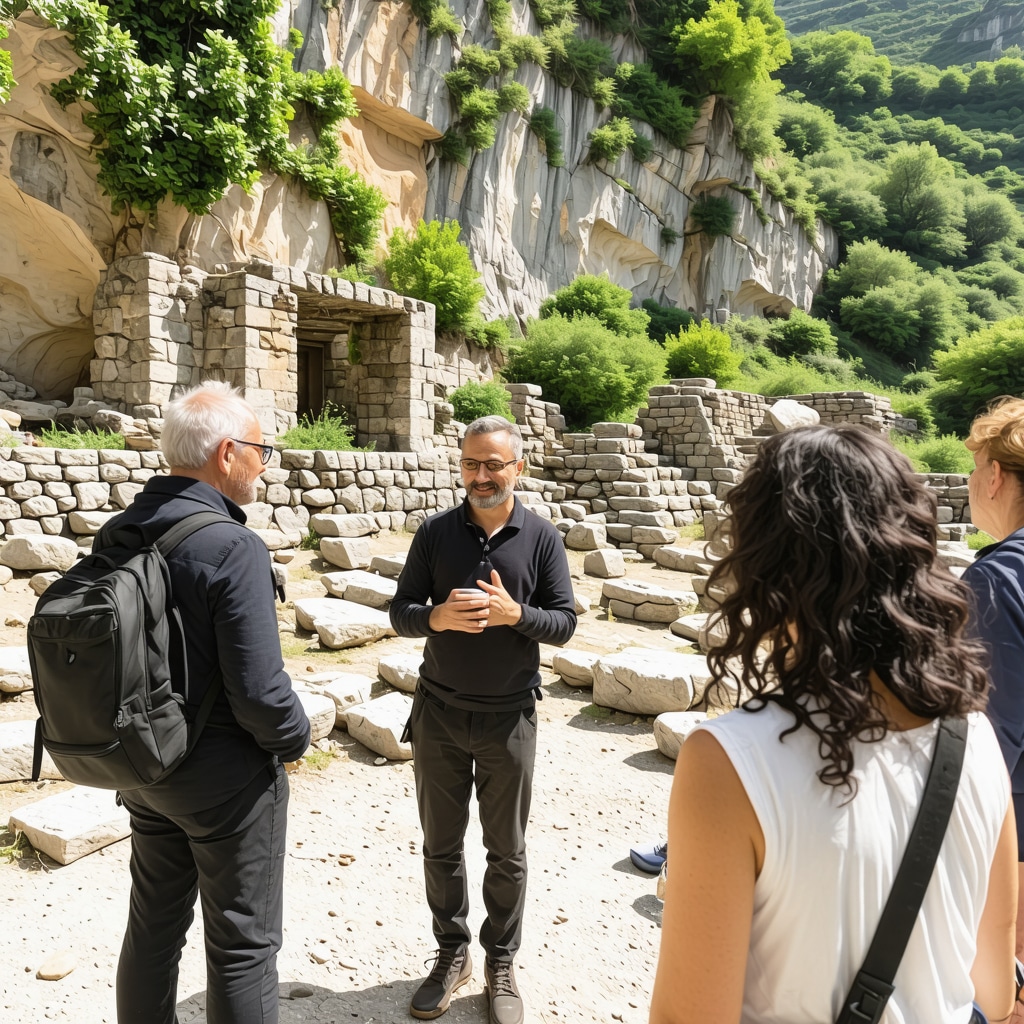 Tour guide explaining historical ruins to visitors in Vişegrad's green canyon