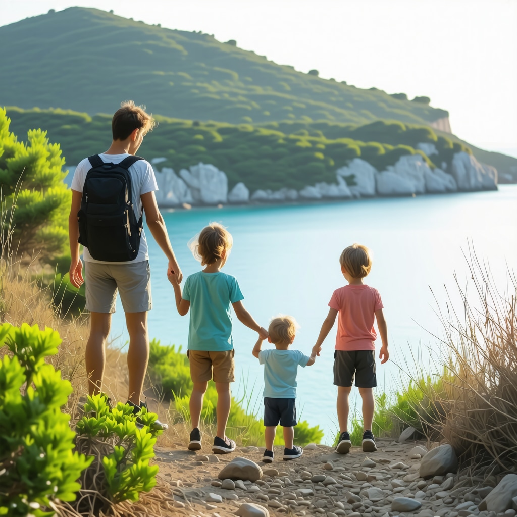 A family hiking on a coastal nature trail in Ksamil with vibrant greenery and turquoise sea