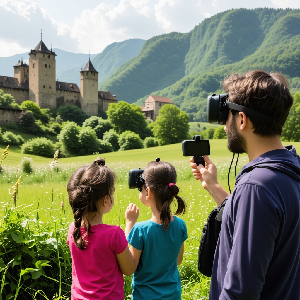 Family with children using augmented reality devices while exploring a medieval castle surrounded by green mountains in Braşov