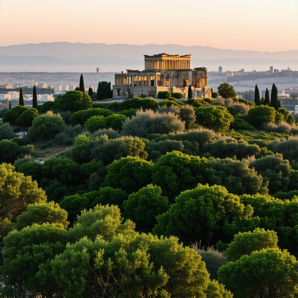 Panoramic view of Filopappou Hill with ancient ruins and greenery at sunset, Athens cityscape in background