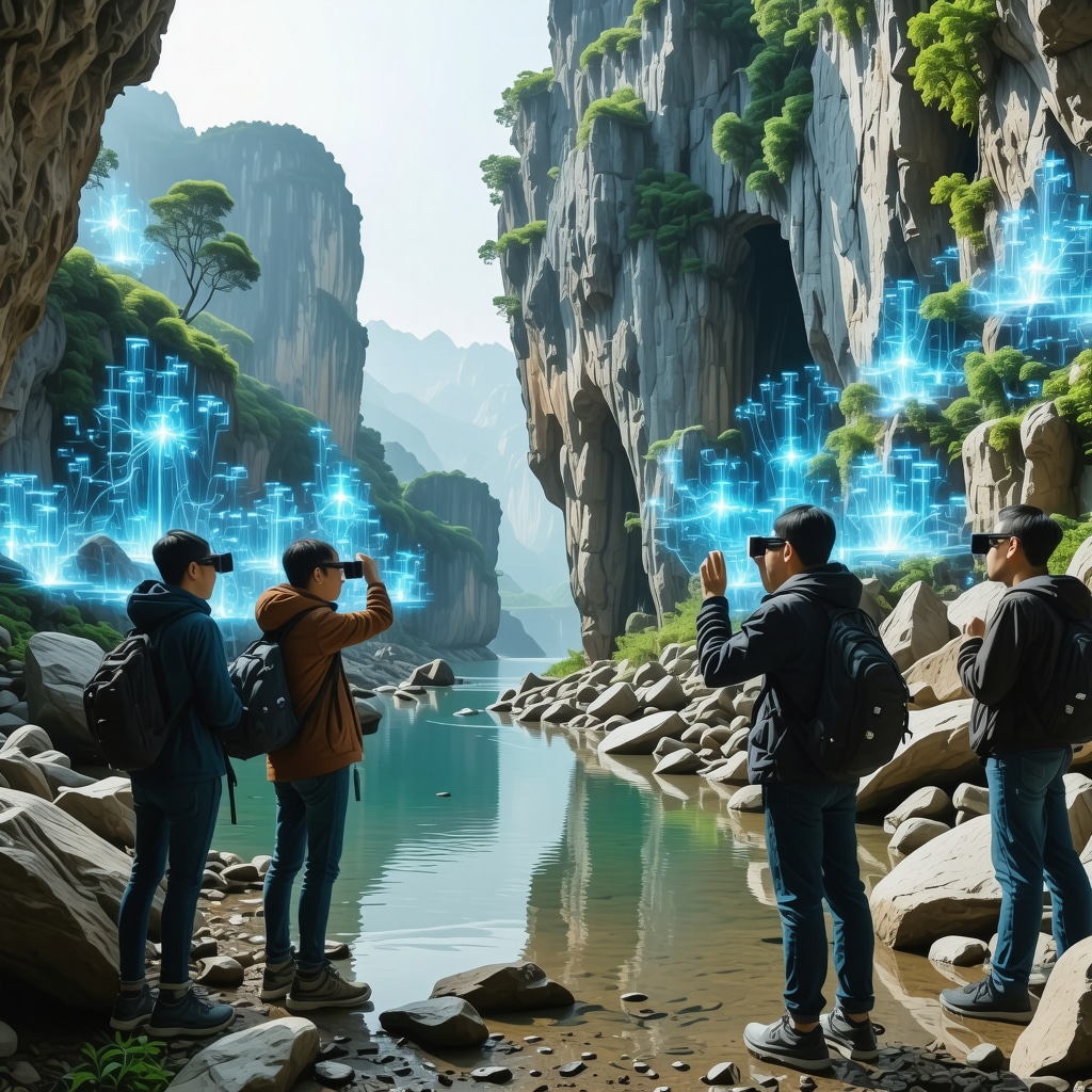 Tourists exploring Şeytan Şehri with augmented reality technology showing mystical legends and ecological information