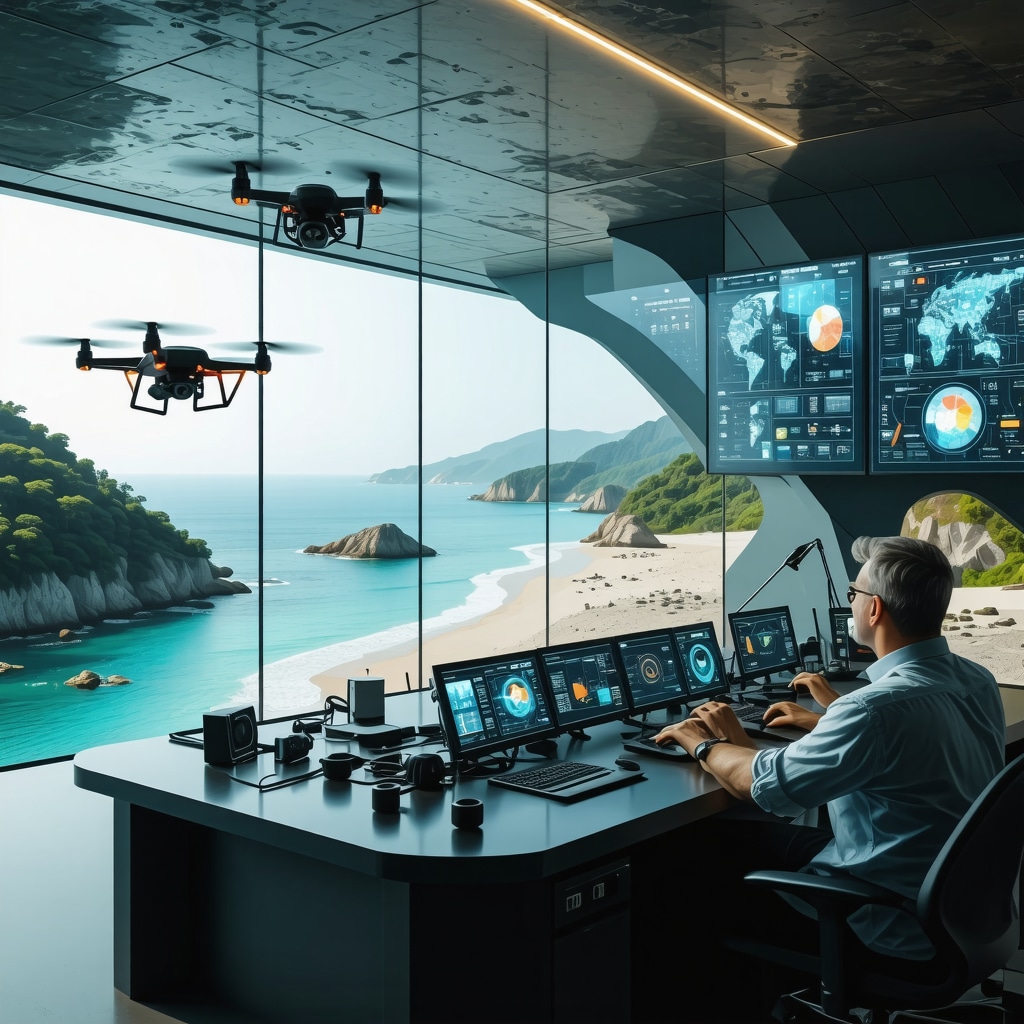 High-tech control room with environmental data screens and drones overlooking Altın Kumlar's golden sandy beaches and clear waters