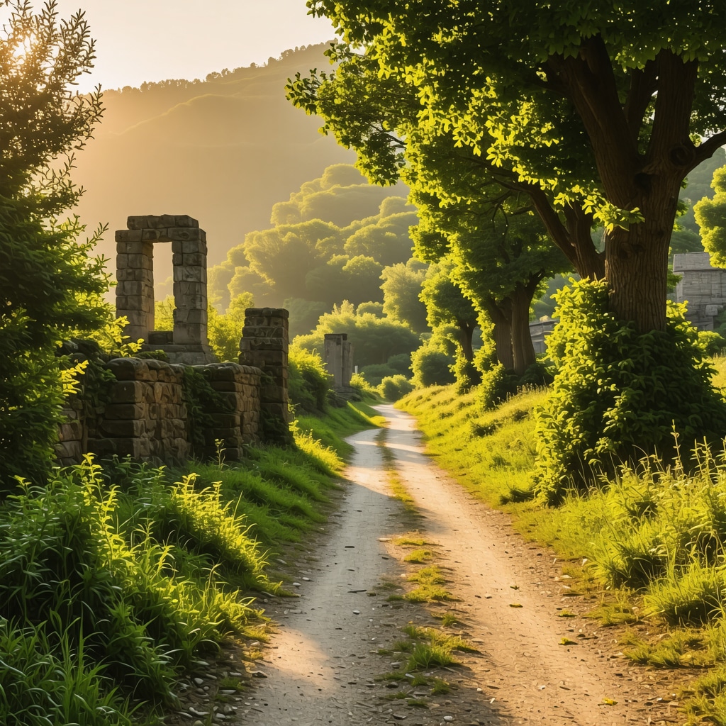 Hiking trail in Germia Park with visible ancient Roman ruins surrounded by dense greenery during golden hour