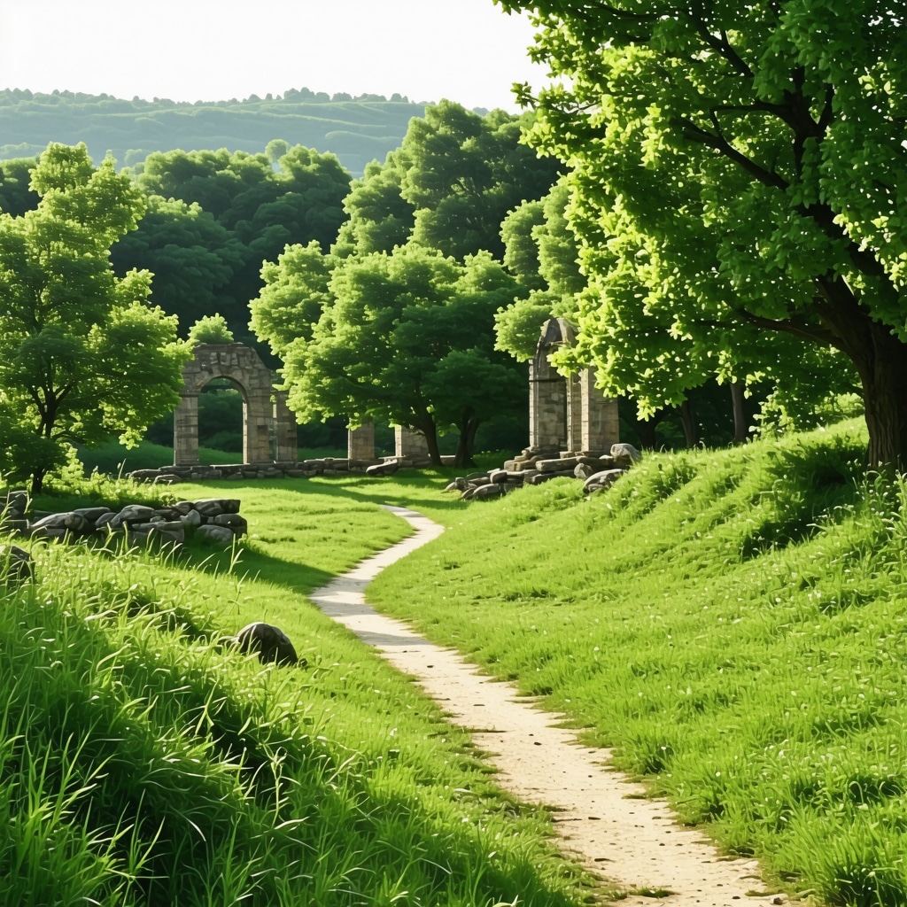 Panoramic view of Germia Park with green trails and historic ruins