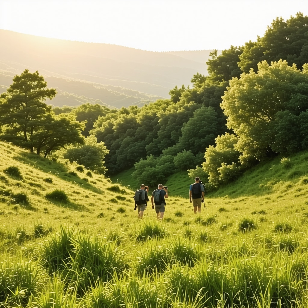 Hikers photographing lush green hills in Gevgelija natural park during golden hour