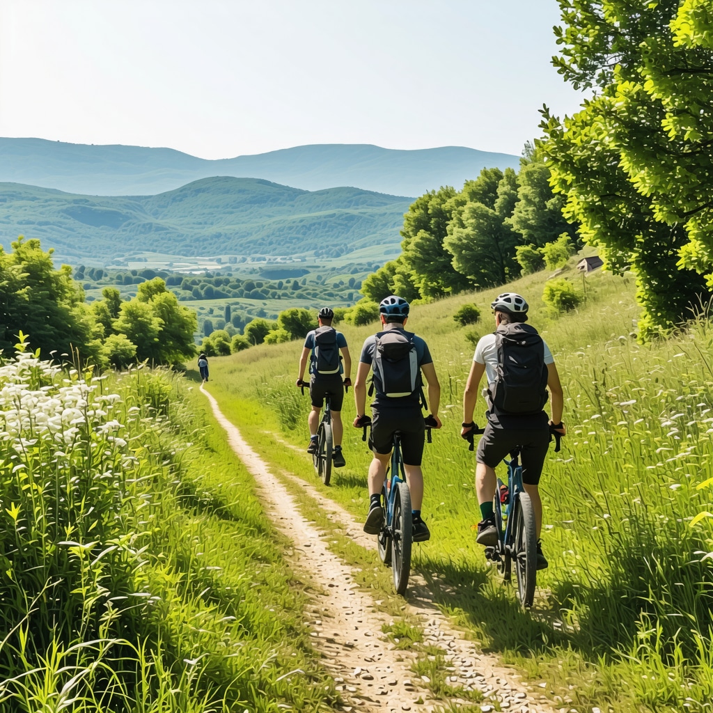 Hikers and cyclists on eco-friendly trails in Gevgelija surrounded by Balkan flora and historical ruins