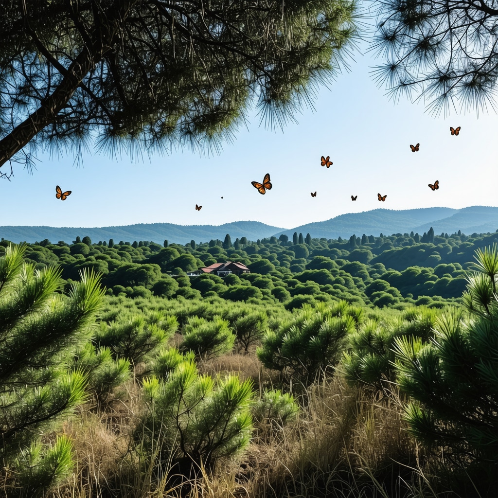 Panoramic view of Girit's pine forest with butterflies and a traditional village in the background