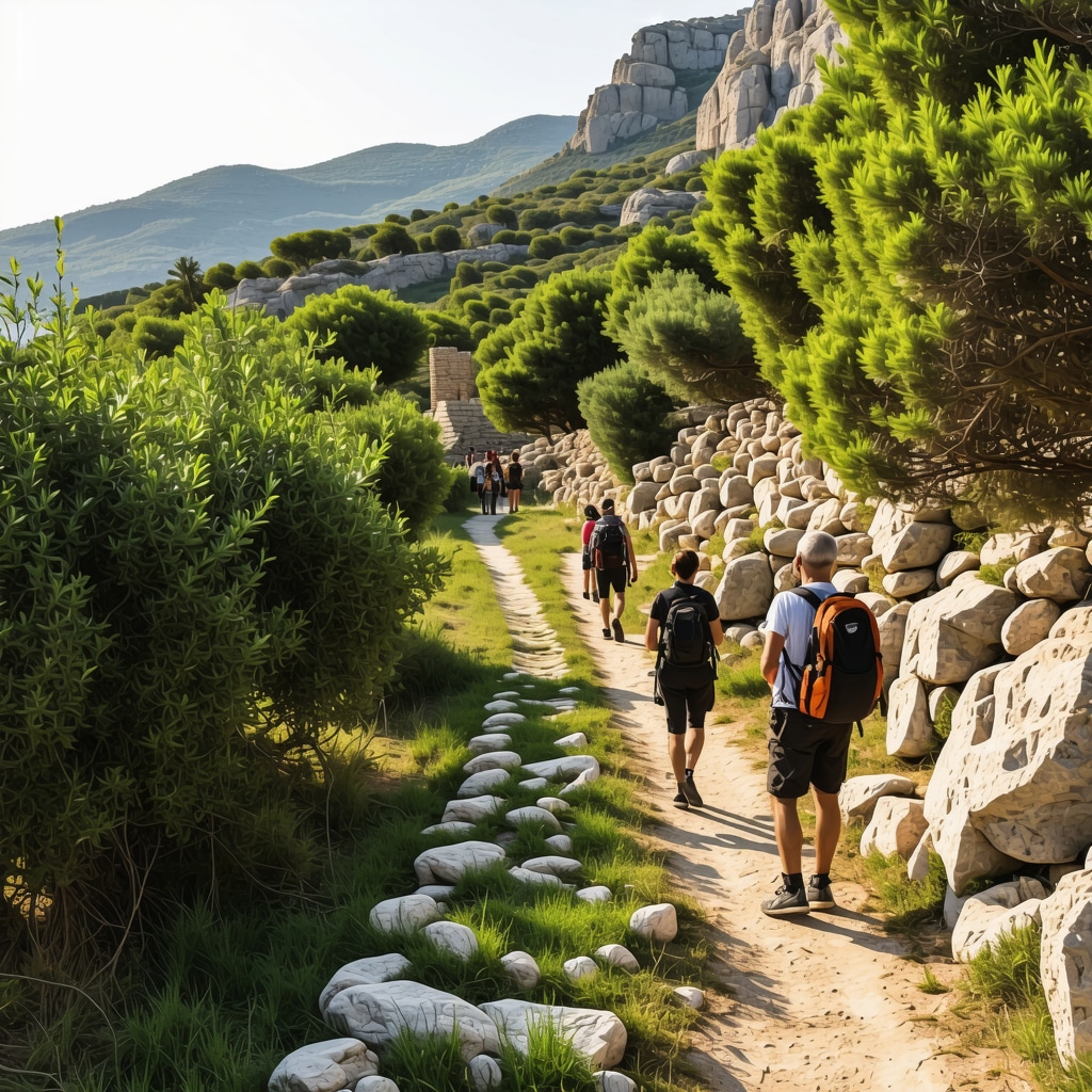 Hikers exploring a lush green trail with ancient ruins under golden sunlight in Crete.