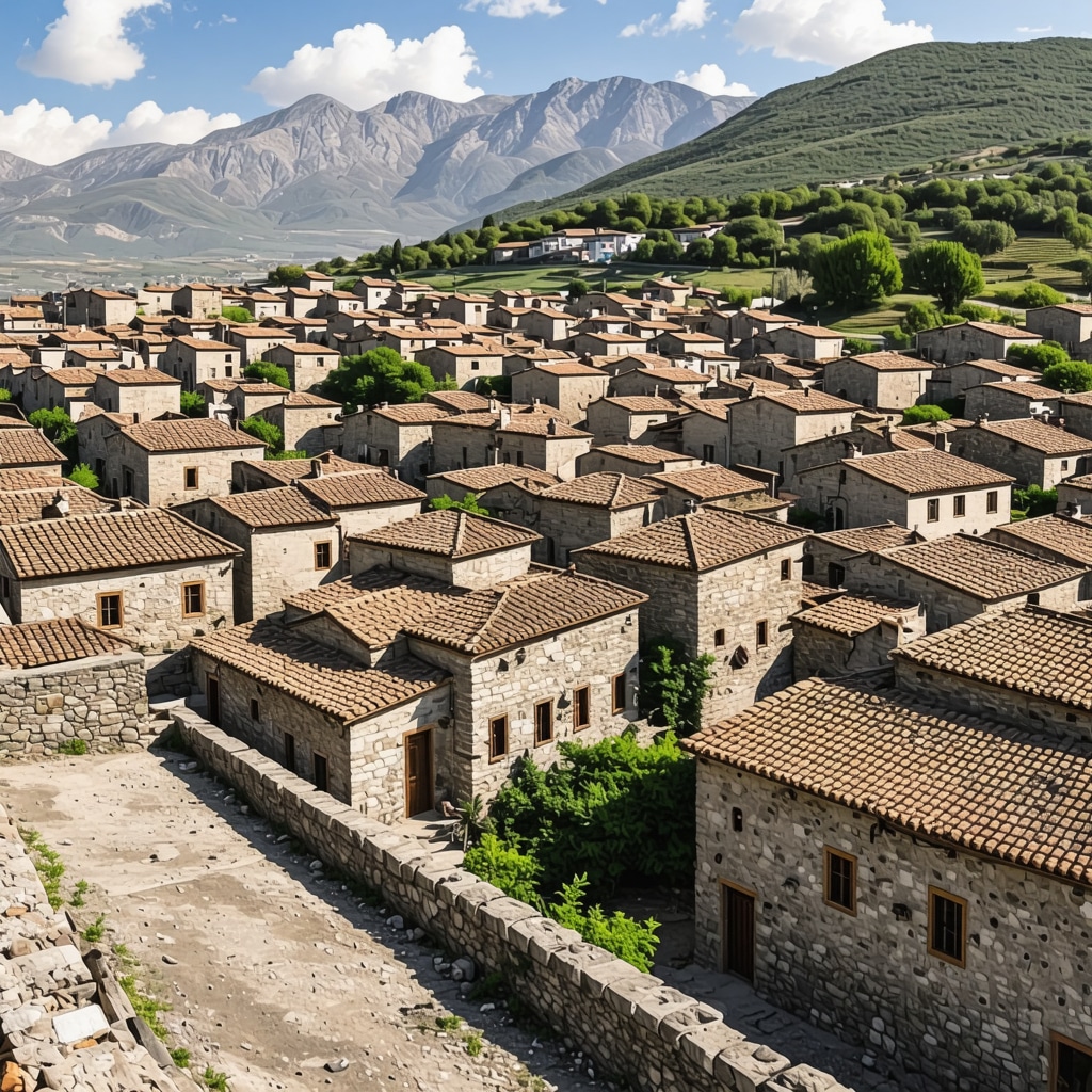 Panoramic view of Gjirokastër old town with digital augmented reality overlays showing 3D models of historic stone houses