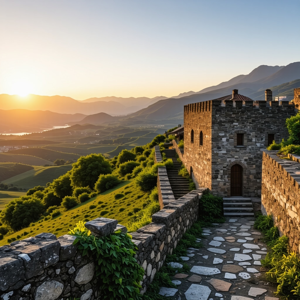Gjirokastër Kalesi taş duvarları ve yemyeşil vadilerin günbatımı ışığında panoramik görüntüsü