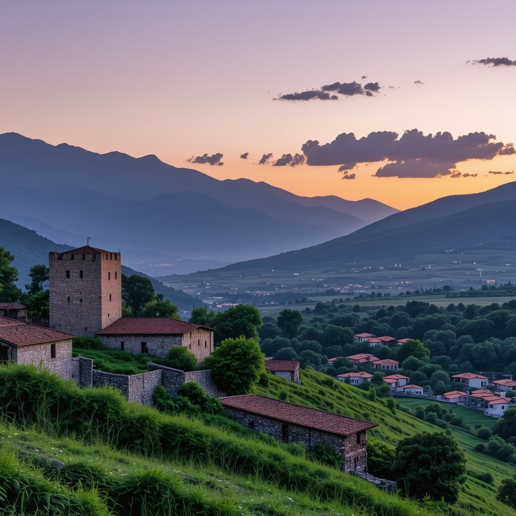 Panoramic sunset view of Gjirokastër city featuring the historic stone castle, traditional stone houses, and green mountains