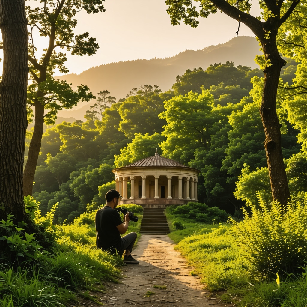 Photographer capturing Selanik Rotunda during golden hour with surrounding forest