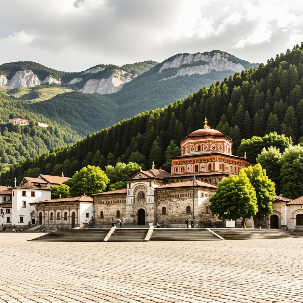 Rila Monastery illuminated by golden hour light with lush green mountains in background