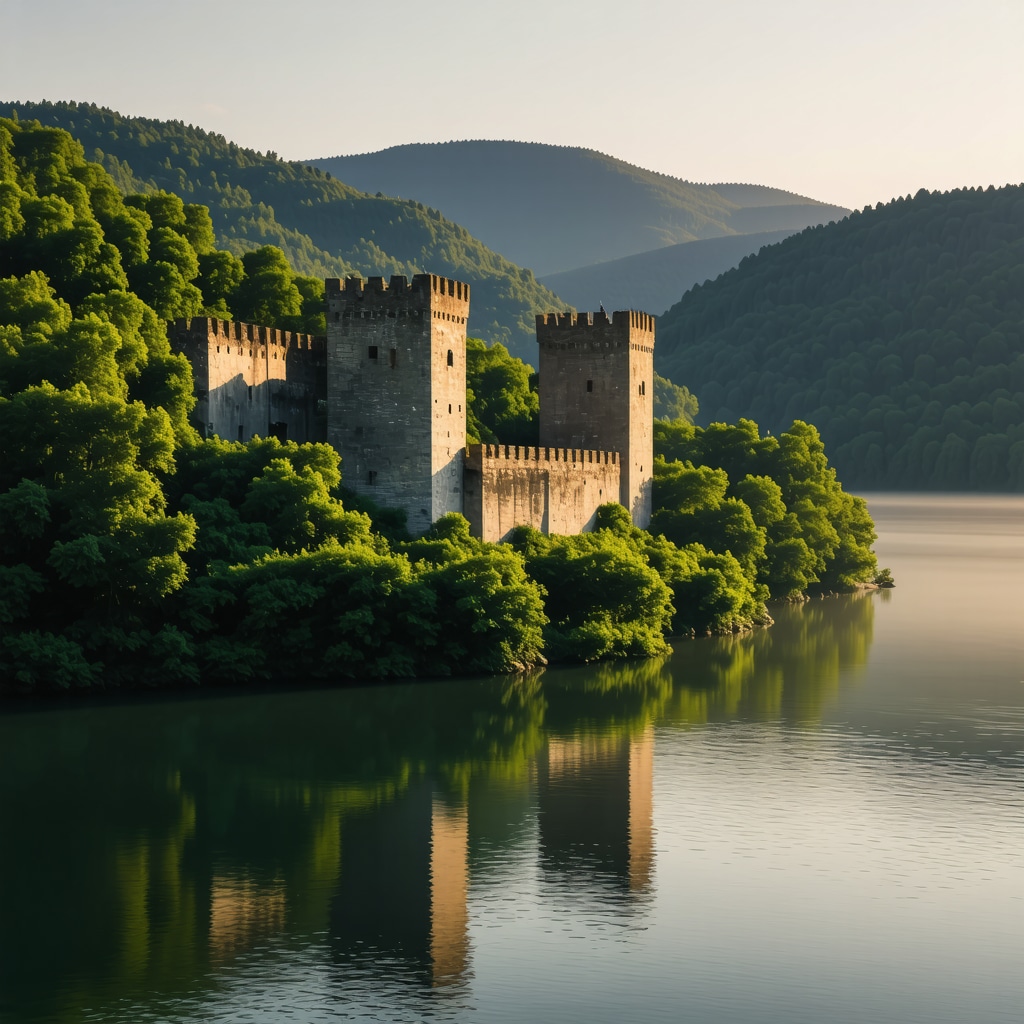 Panoramic sunrise view of Golubac Fortress overlooking the Danube River surrounded by lush forests