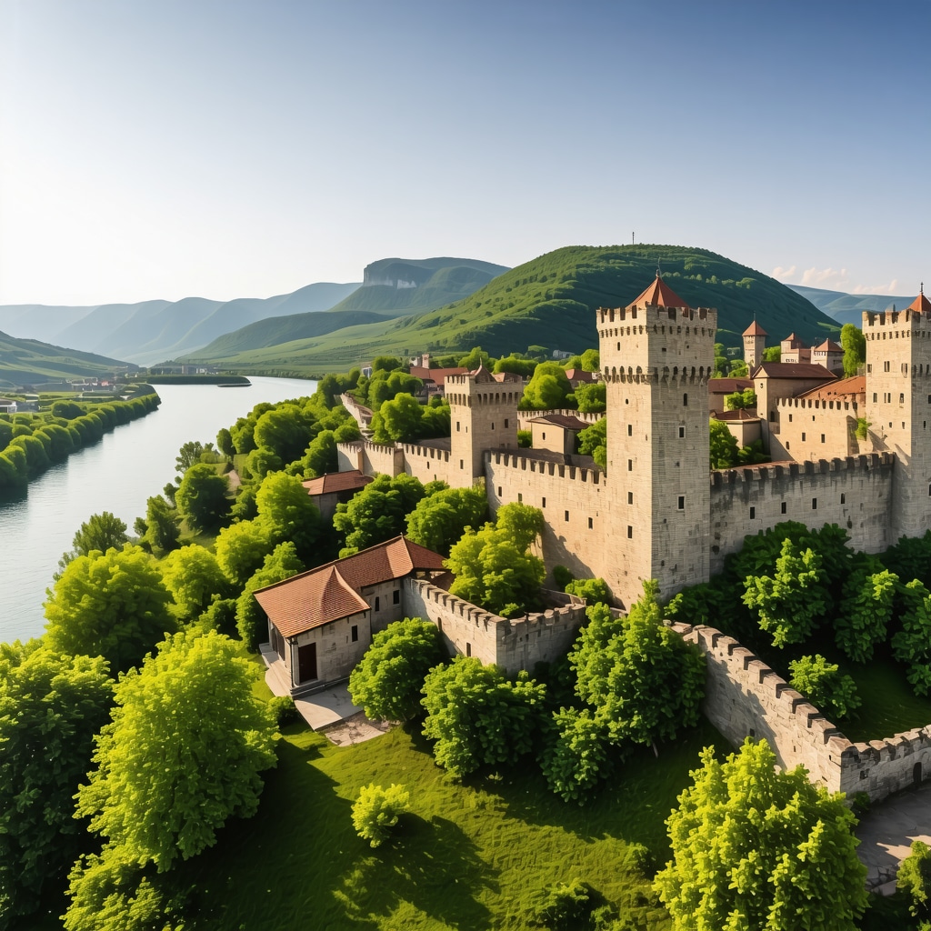 Golubac Kalesi panorama with augmented reality historical overlays and Danube river nature in spring