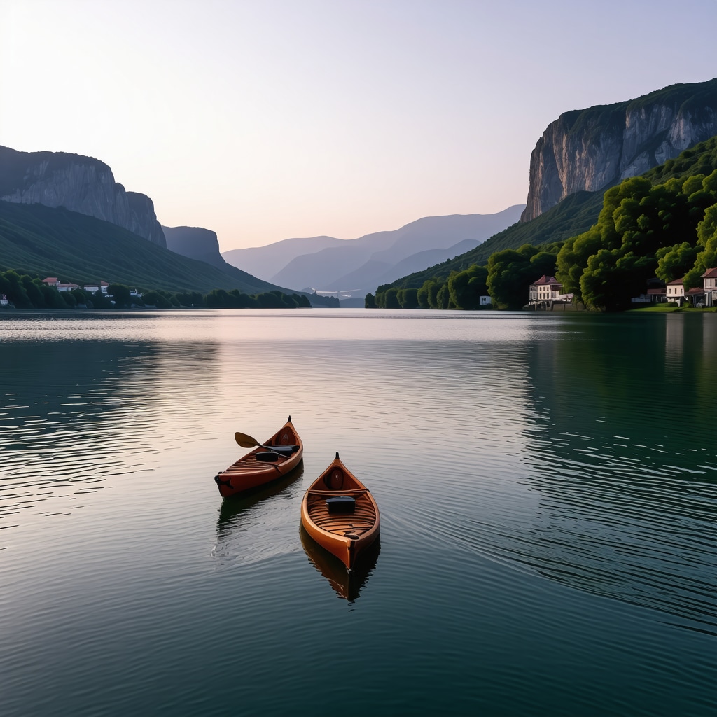 Panoramic sunset view of Golubac Kalesi and Danube River with kayaks and green nature