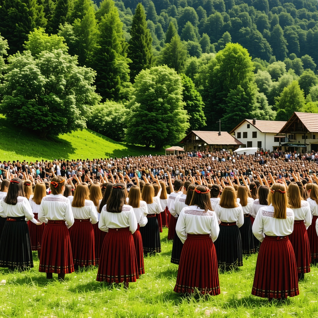 Panoramic view of Gostivar's forests and local cultural festival with traditional costumes