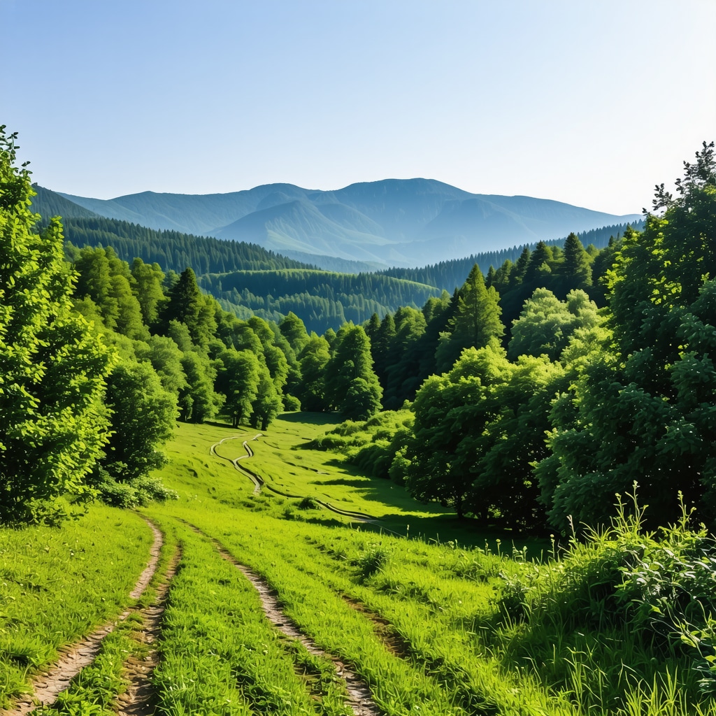 Panoramic view of Gostivar's green forests and hiking trail under clear sky