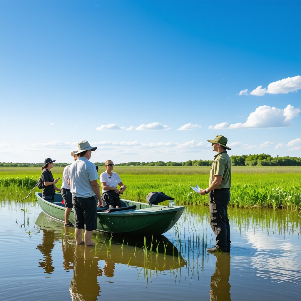 Tourists on a guided eco-tour in Danube Delta observing wildlife and wetlands