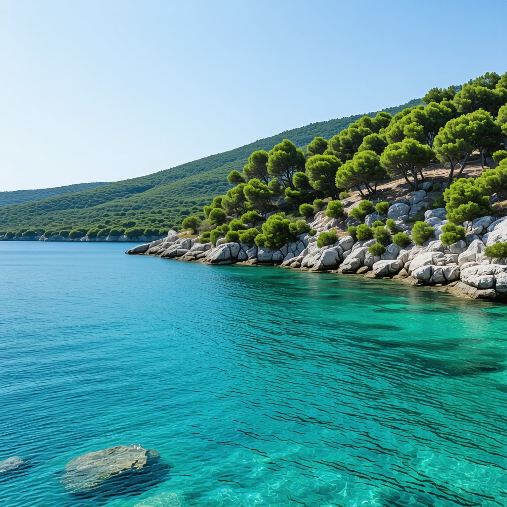 Halkidiki saklı koyunda berrak mavi sular ve çevresinde yoğun Akdeniz çam ormanlarıyla doğal ve sürdürülebilir turizm uygulamalarını gösteren manzara
