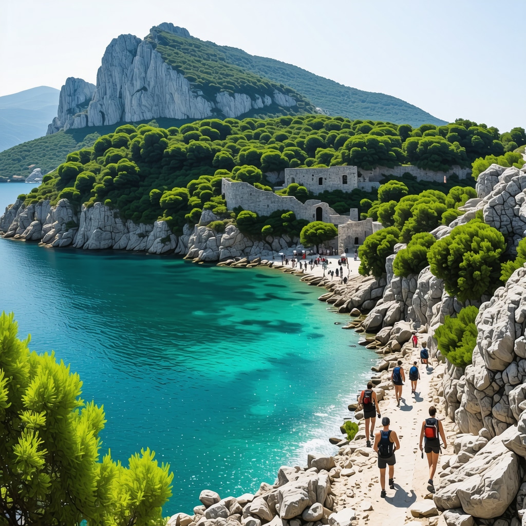 Panoramic view of Herceg Novi coastline with ancient ruins, forests, hikers, and climbers