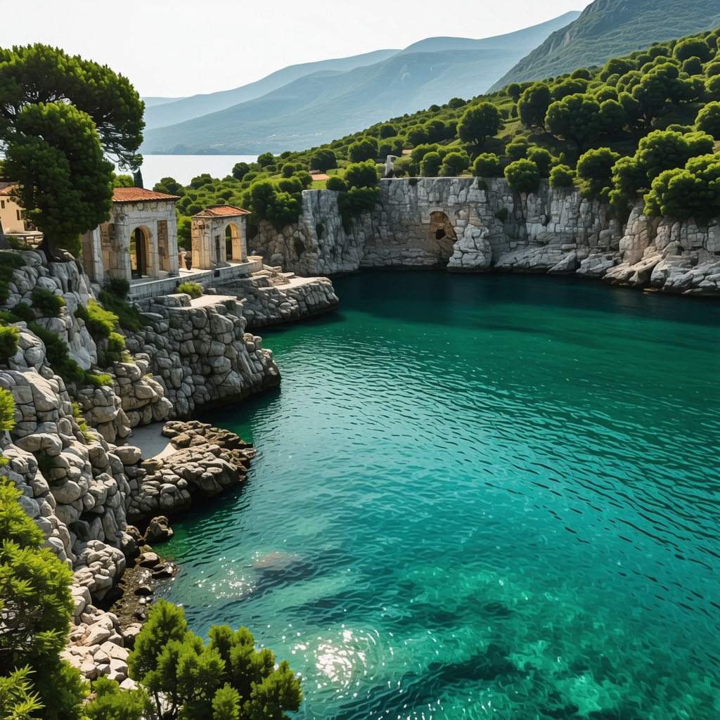 Hidden cove with turquoise water and ancient ruins in Patras surrounded by greenery