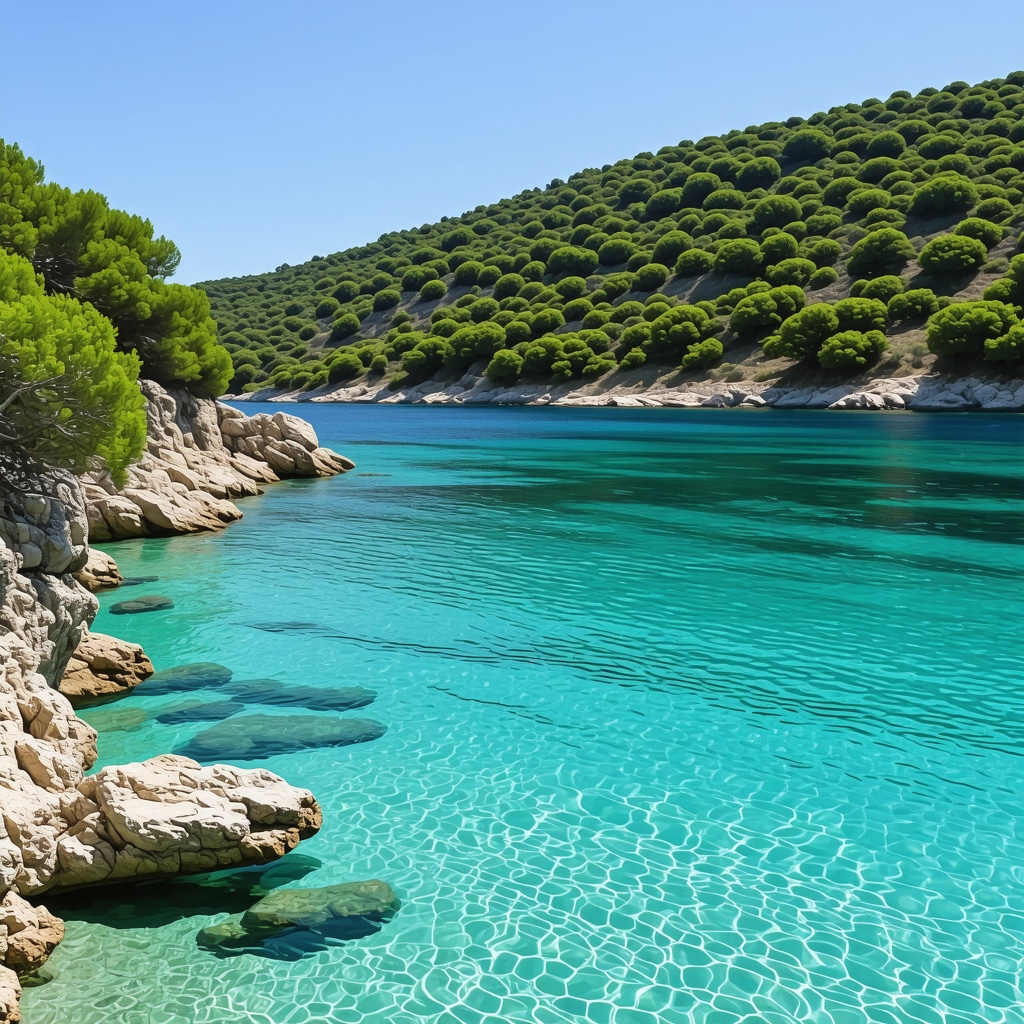 A tranquil hidden cove with clear turquoise waters and green Mediterranean vegetation in Biograd na Moru
