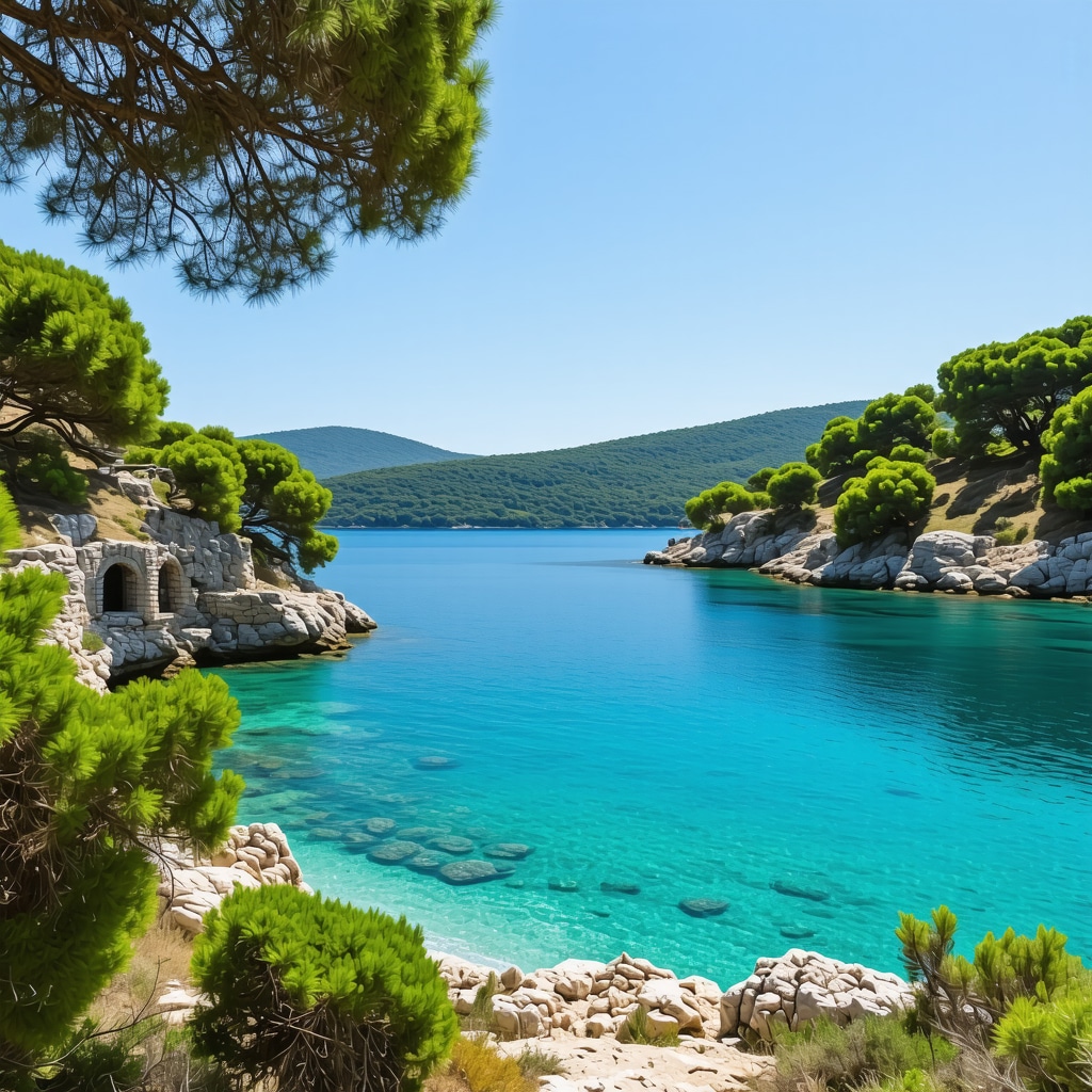 Crystal clear water at a hidden cove with ancient ruins and lush greenery in Biograd na Moru