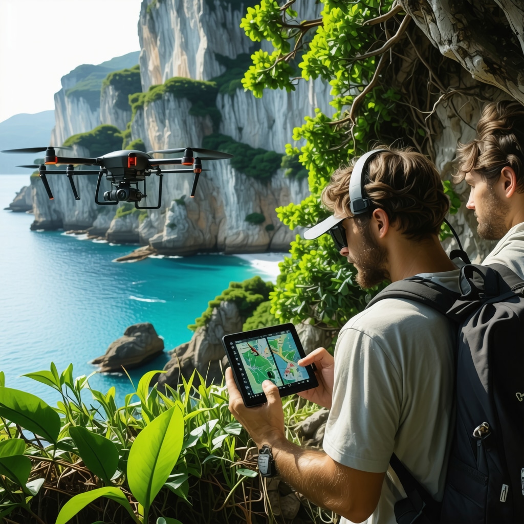Nature sports enthusiasts using GPS and drones for trail mapping on Tivat coast with ecological sensors