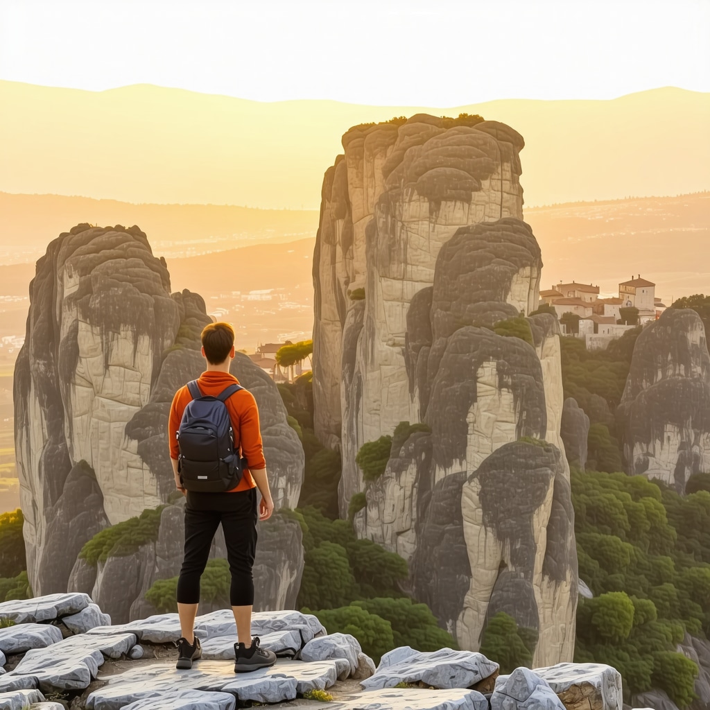 Hiker standing on Meteora cliff during sunset with monasteries and rock formations in warm light