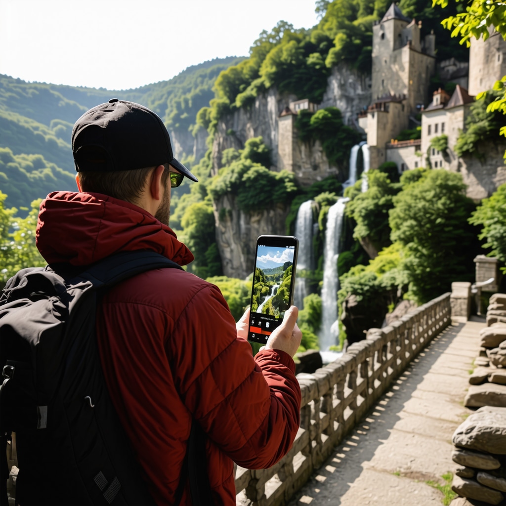 Hiker with smartphone using augmented reality app on a scenic trail near Jajce Castle amidst green landscape and waterfalls