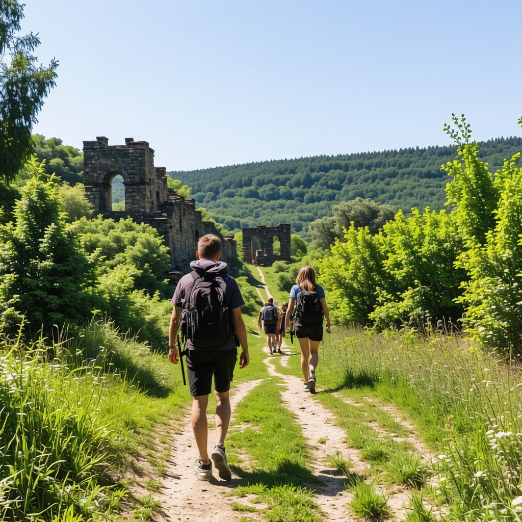 Hikers walking on a trail in Aranđelovac nature park surrounded by green trees and old stone ruins